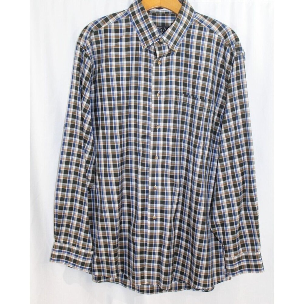 Jos A Bank Traveler's Collection Mens Blue Brown Plaid Long Sleeve Button Down L